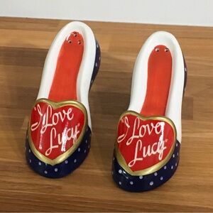 I Love Lucy Vintage Blue Polka Dot Red Heart High Heel Salt & Pepper Shakers